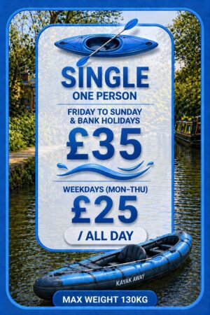 Single kayak hire price list for Kayak Away, showing £35 Friday to Sunday and Bank Holidays, £25 weekdays Monday to Thursday, all day hire, max weight 130kg.